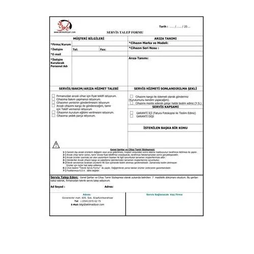 TEKNİK SERVİS TALEP FORMU